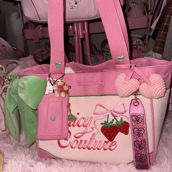 Juicy Couture Retro Sterawberry Pink & Green Tote (Powder Blush) - Picture 5 of 8